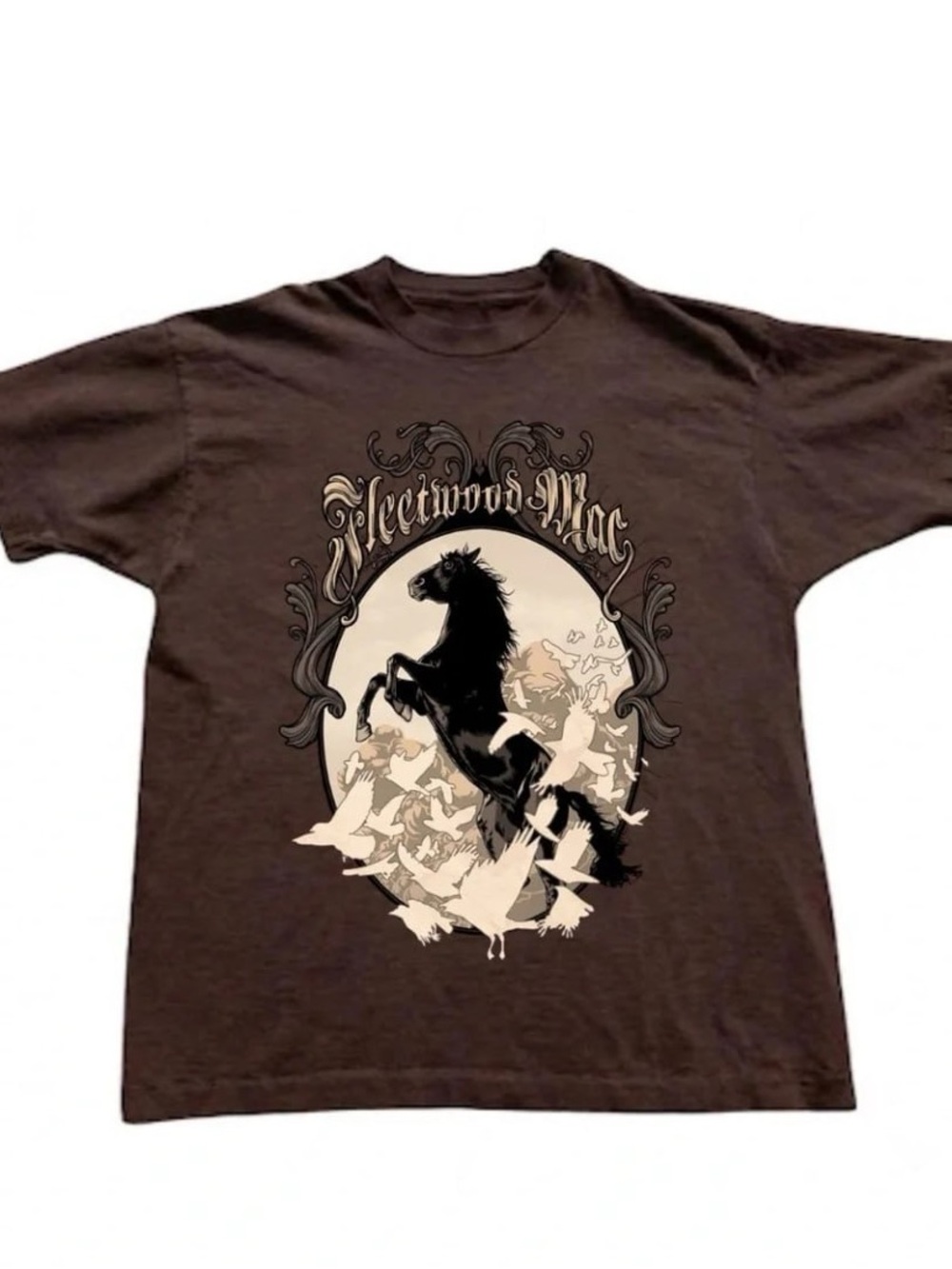 Brown Graphic Tee with Black Horse and Cream Birds
